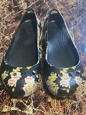 CROCS Black Floral Slip-On Flats with Pink and Yellow Blooms